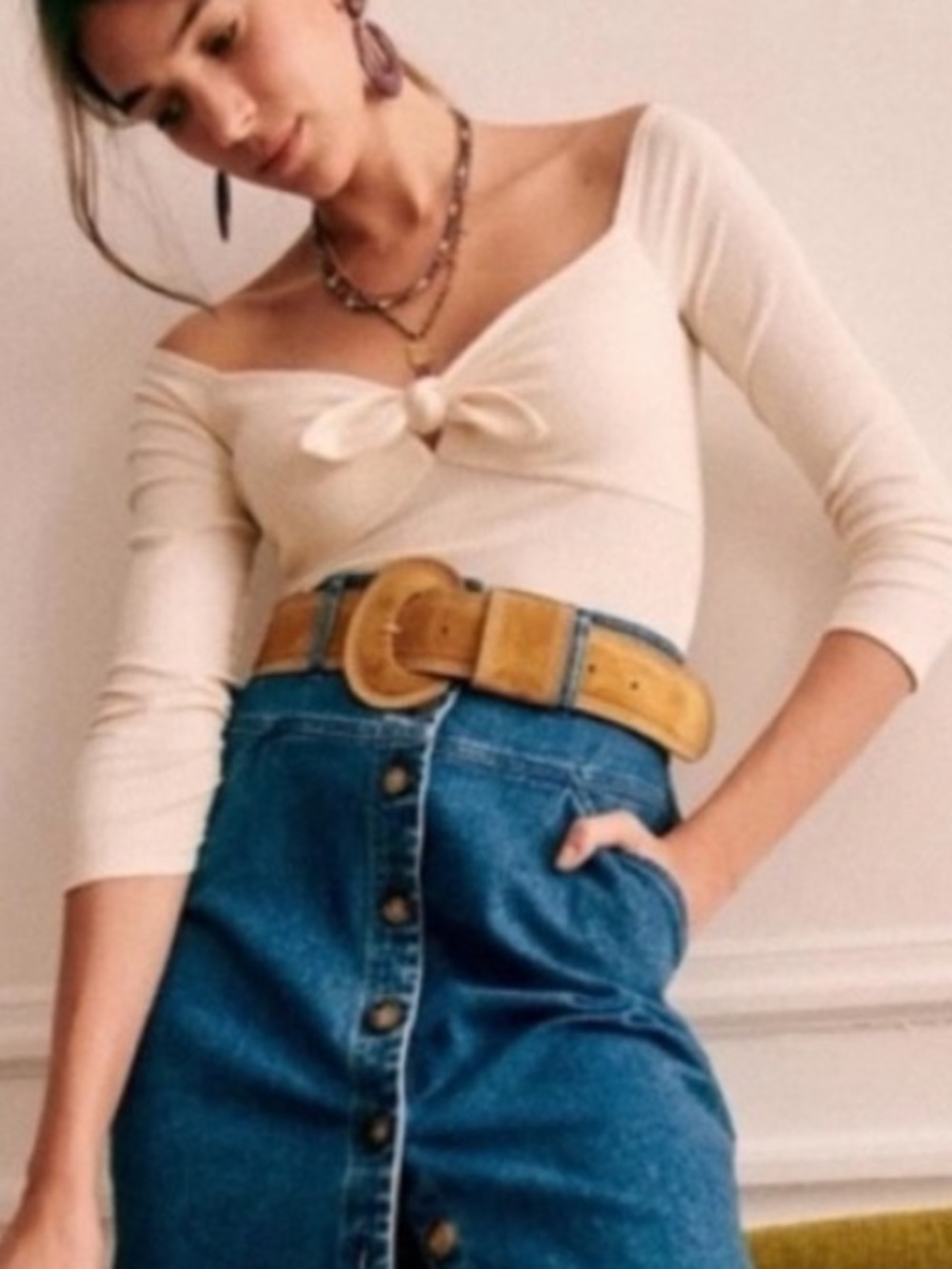 Sezane Carrie Rib Knit Top Ecru Cream Tie Front Off Shoulder Y2K Neutral Medium